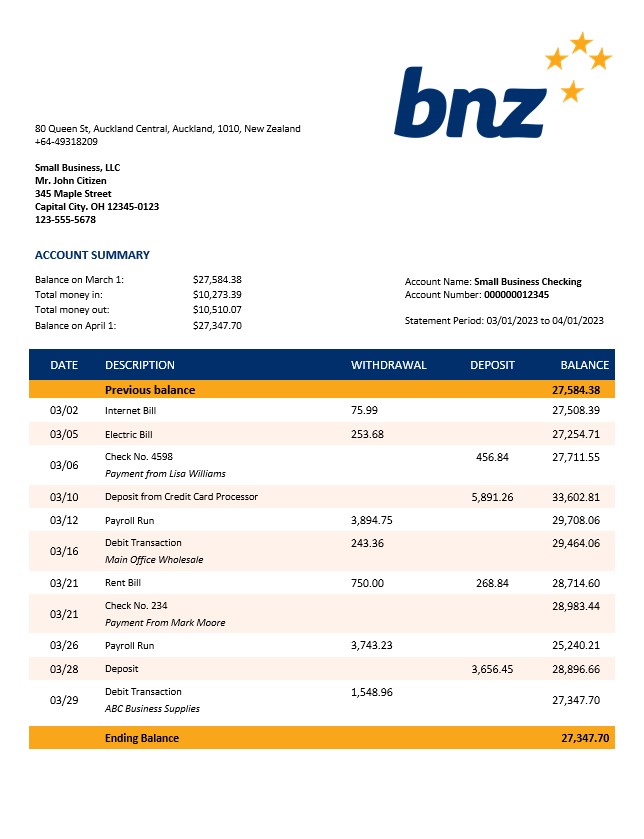 Modèle Word et PDF de relevé de compte de l'organisation BNZ Bank